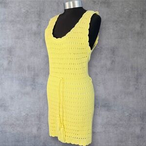 Hello Molly Yellow Crochet Knit Mini Dress Sleeveless Tie Waist Tassel Trim sz M